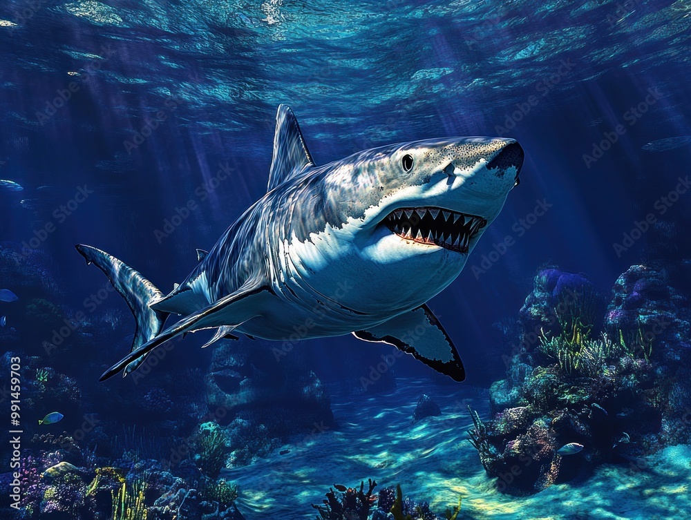Naklejka premium Great White Shark Swimming Gracefully Through Vibrant Coral Reef Underwater