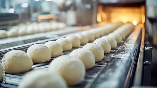 Rows of dough balls moving on a conveyor belt towards the oven in a large commercial bakery, highlighting mass production of bread and precision baking techniques.