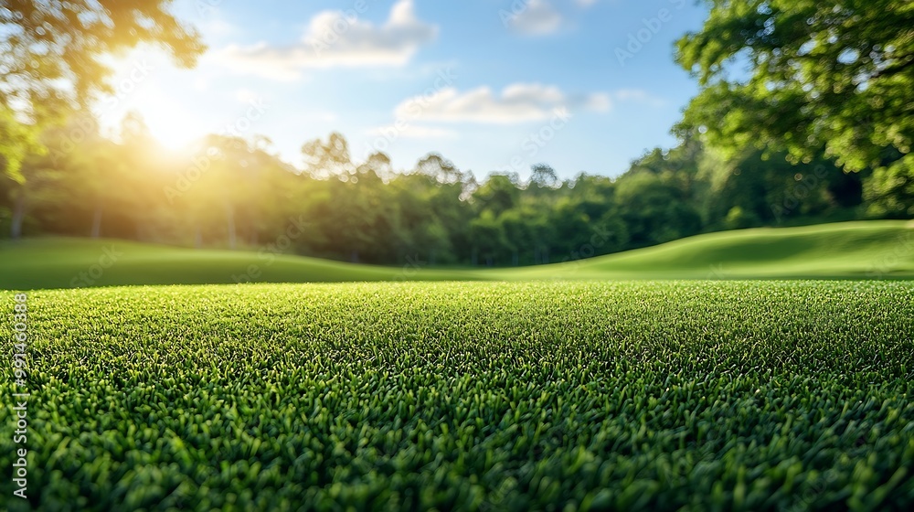 Landscape green lawn on the morning with Blue sky on the background smooth lawn with curve form of bush trees on the background under morning sunlight : Generative AI Landscape green lawn on the morning with Blue sky on the background smooth lawn with curve form of bush trees on the background under morning sunlight : Generative AI