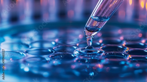 close-up of a cell culture plate in a laboratory setting, with droplets dripping from a glass pipette