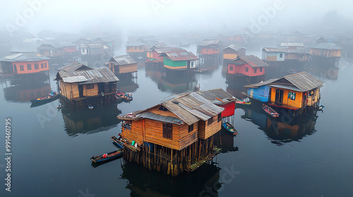 Houses of poor asian fishermen sits in water. Water village panoramic view at dusk