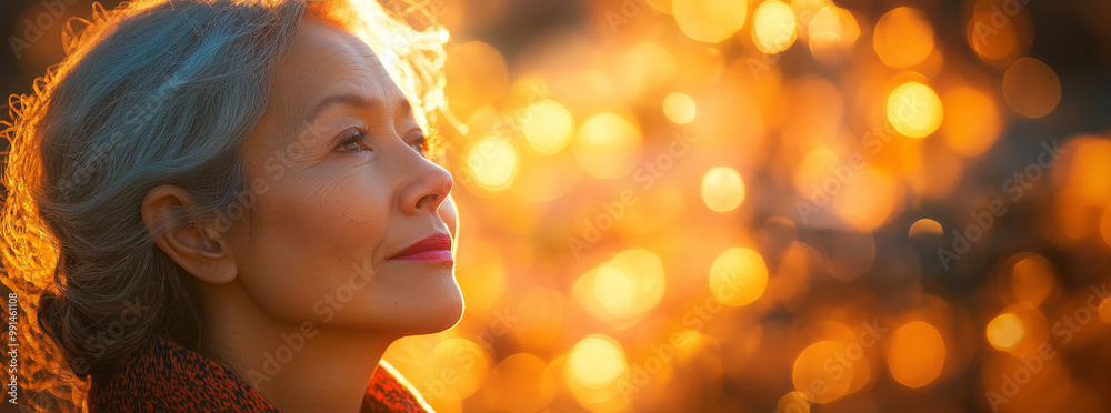 Close-up of a middle aged woman with a calm expression, and a gentle smile, as if taking a deep breath Close-up of a middle aged woman with a calm expression, and a gentle smile, as if taking a deep breath