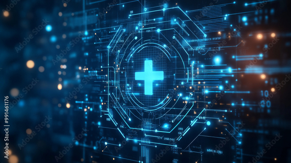 Modern healthcare technology, symbolized by a digital icon, represents innovation in medicine. This futuristic blue design is perfect for websites, templates, and wallpapers. Modern healthcare technology, symbolized by a digital icon, represents innovation in medicine. This futuristic blue design is perfect for websites, templates, and wallpapers.