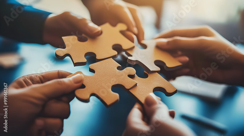 manos de personas de empleados armando las piezas de un rompecabezas concepto de union y estrategias de negocios cooperacion y apoyo en el trabajo en equipo photo