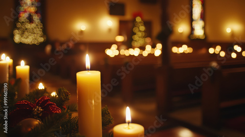 serene Christmas Eve church service illuminated by glowing candles creates warm and festive atmosphere. soft light reflects off decorations, enhancing seasonal spirit