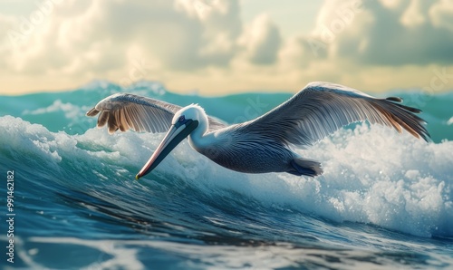 Pelican flies above ocean wave.