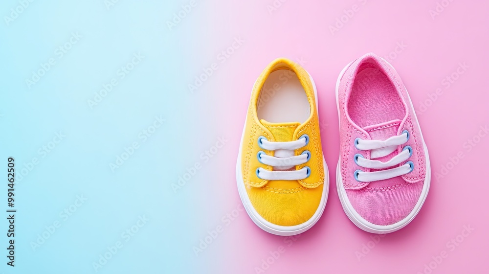Baby shoes on a soft pastel background, leaving ample space above for text. Baby shoes on a soft pastel background, leaving ample space above for text.
