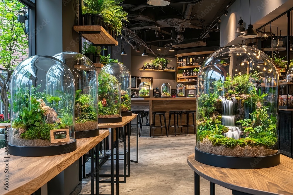 Fototapeta premium Rustic indoor plant decor with wooden tables, glass domes, and potted greenery in modern cafe or restaurant setting