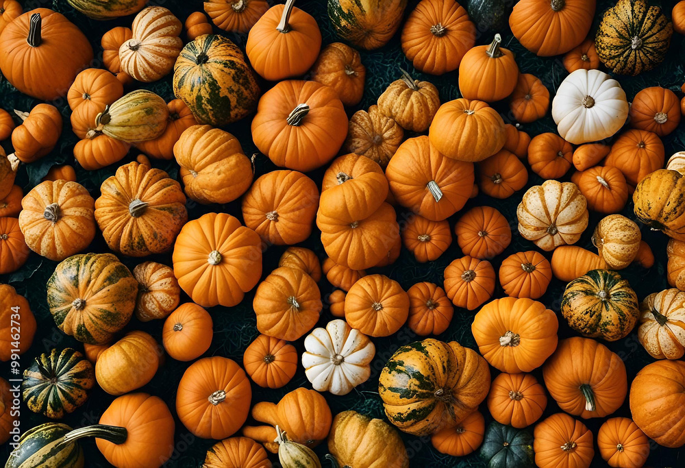 A vibrant collection of pumpkins displayed on a market floor during the autumn season, showcasing different shapes and colors A vibrant collection of pumpkins displayed on a market floor during the autumn season, showcasing different shapes and colors