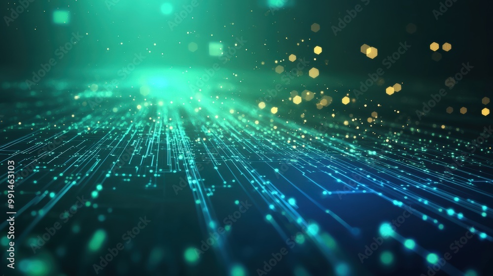 Fototapeta premium Abstract digital landscape with glowing particles and lines, creating a futuristic and immersive technology concept.