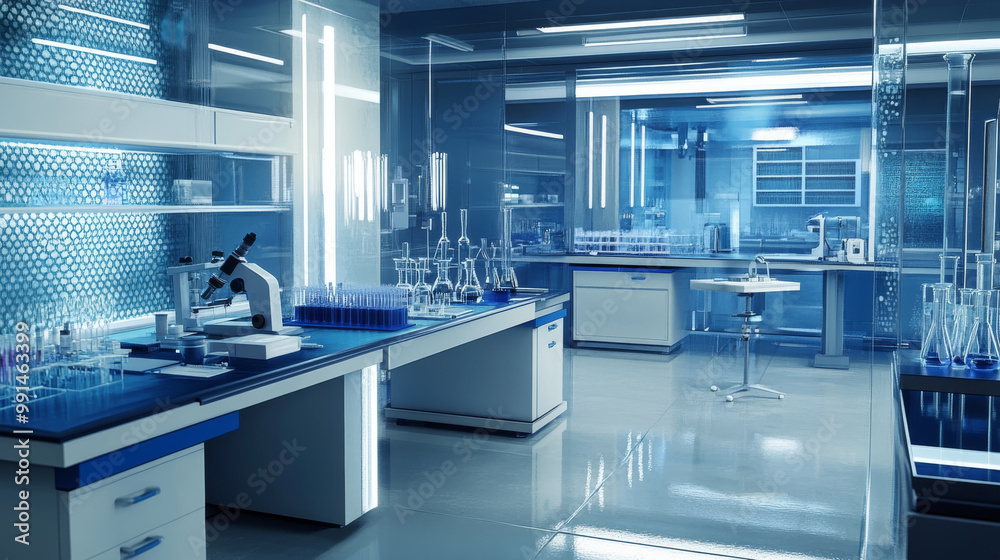 A modern lab with microscopes and test tubes filled with chemicals. This high-tech lab is where scientists develop new medical treatments. A modern lab with microscopes and test tubes filled with chemicals. This high-tech lab is where scientists develop new medical treatments.