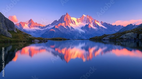 Majestic French alps landscape of Lac Blanc with Mont Blanc mountain range reflected on lake in the sunset at Haute Savoie Chamonix France : Generative AI