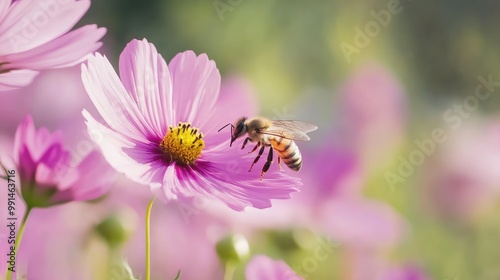 Bee gathering nectar from a bright flower, leaving a clear space in the background for text.