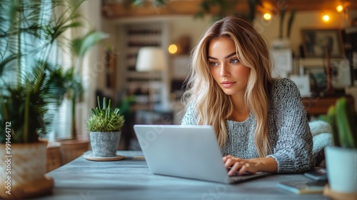 A woman working on her laptop in a modern home office, surrounded by plants