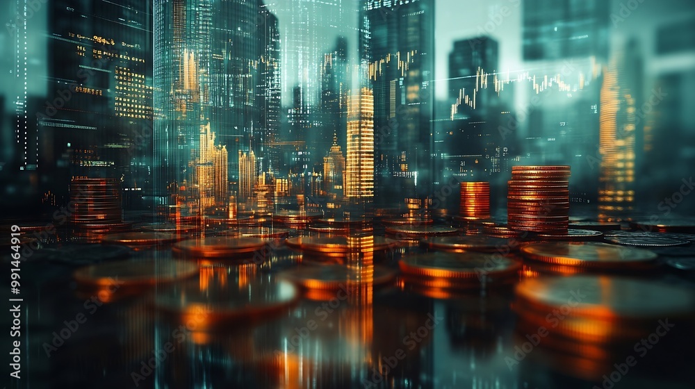 Double exposure of city and graph on rows of coins for finance and banking concept : Generative AI Double exposure of city and graph on rows of coins for finance and banking concept : Generative AI