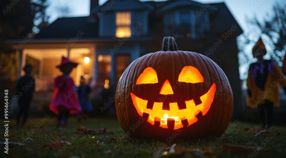 Glowing Halloween Pumpkin on Porch with Children in Costumes Walking Around Yard at Dusk Glowing Halloween Pumpkin on Porch with Children in Costumes Walking Around Yard at Dusk