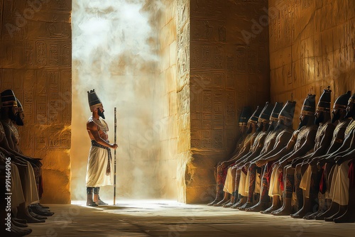 Ancient Egyptian priest standing before guards in a temple, representing tradition, ritual, and authority in a sacred, historical setting illuminated by golden light. photo