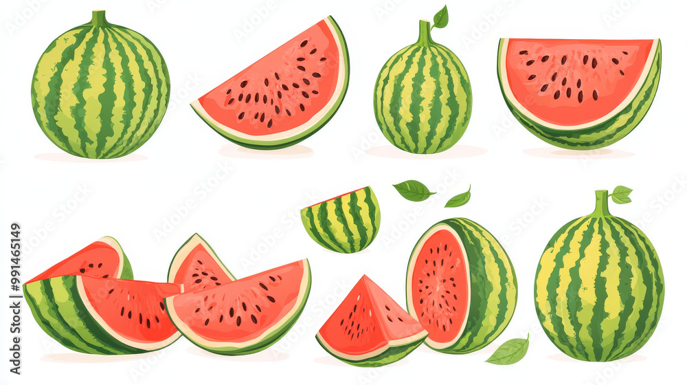 Watermelons in different positions and cuts – sliced, halved, and in a bunch – are isolated on a white background. This is a template for creating graphics and artwork. Watermelons in different positions and cuts – sliced, halved, and in a bunch – are isolated on a white background. This is a template for creating graphics and artwork.