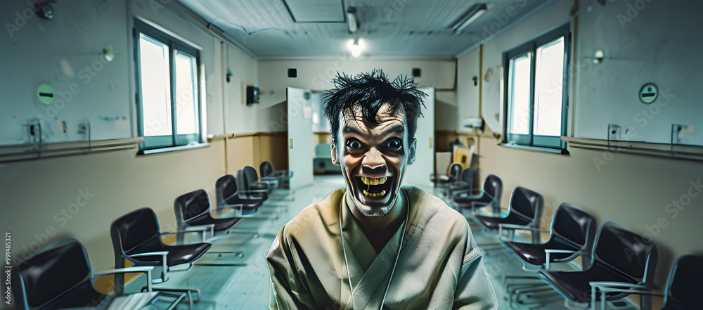 A man with wild eyes and a maniacal grin in a straitjacket stands in a stark waiting room of a psychiatric hospital. A man with wild eyes and a maniacal grin in a straitjacket stands in a stark waiting room of a psychiatric hospital.