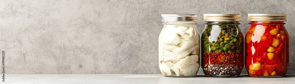 A collection of colorful jars filled with preserved vegetables and sauces against a textured concrete background. A collection of colorful jars filled with preserved vegetables and sauces against a textured concrete background.
