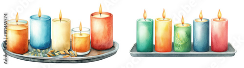 Colorful candles arranged on decorative trays, isolated on transparent background photo