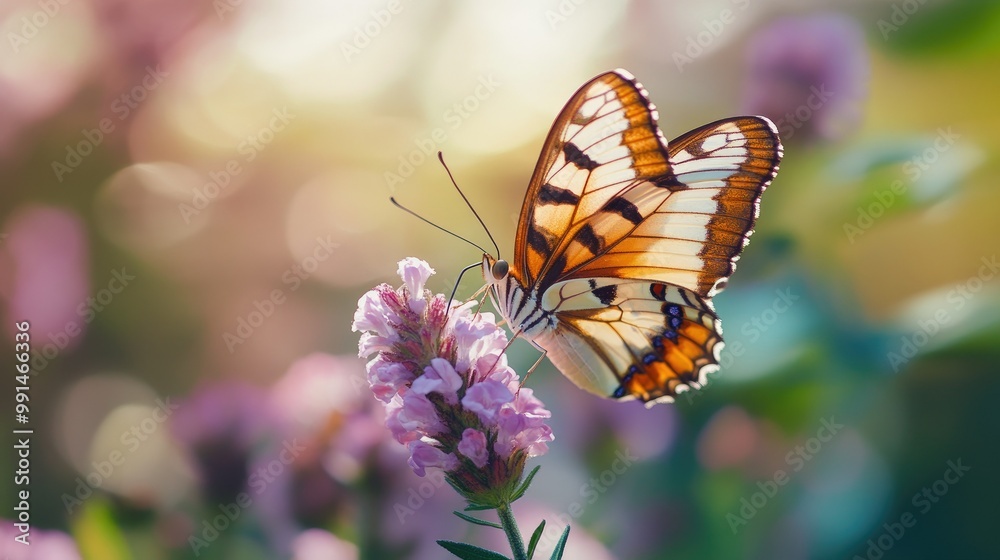 Fototapeta premium Butterfly with open wings on a flower, with a clear, soft-focus background for text.