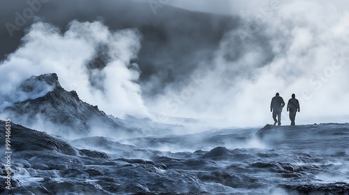 Nmafjall Geothermal Area Tourists in the distance steaming fumaroles boiling mud pots Panorama of suggestive volcanic landscape Sulfurous springs solfataras and steam springs : Generative AI photo