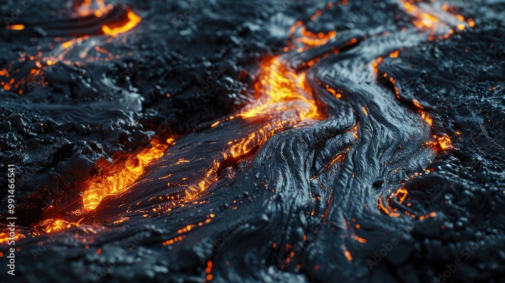 A high-detail image of molten metal flowing through a dark, textured surface A high-detail image of molten metal flowing through a dark, textured surface