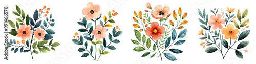 Colorful floral arrangement with leaves and blossoms, isolated on transparent background
