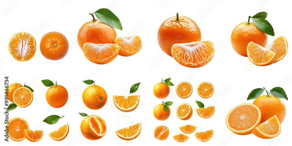 Set of whole Orange, half and slice with leaf in the air isolated on transparency background Set of whole Orange, half and slice with leaf in the air isolated on transparency background