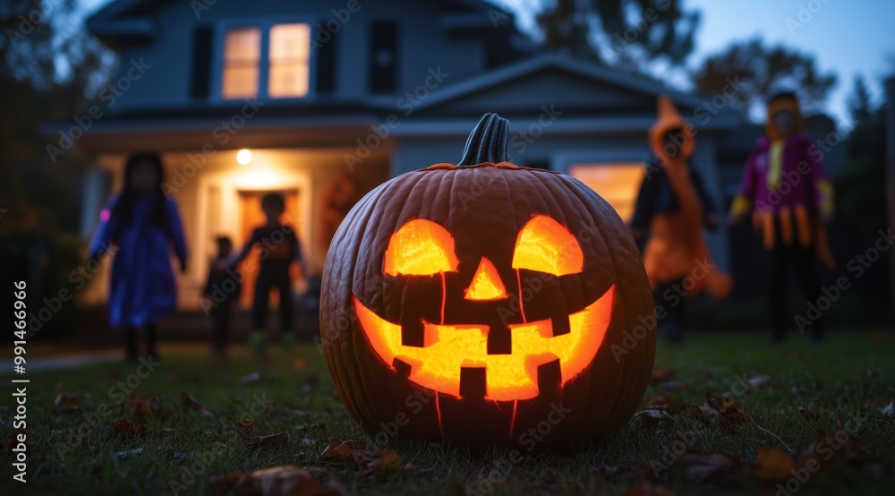 Glowing Halloween Pumpkin on Porch with Children in Costumes Walking Around Yard at Dusk Glowing Halloween Pumpkin on Porch with Children in Costumes Walking Around Yard at Dusk