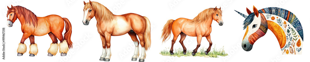 Obraz premium Colorful illustrations of Gypsy horses with unique features, isolated on transparent background