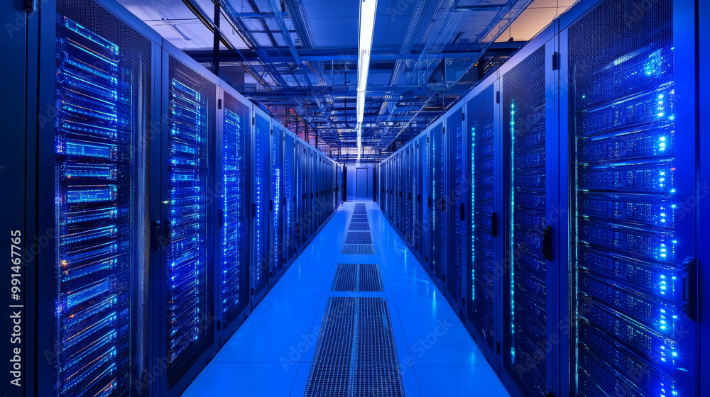A modern data center packed with powerful servers and supercomputers, showcasing cutting-edge technology like telecommunications, artificial intelligence, and high-performance computing. A modern data center packed with powerful servers and supercomputers, showcasing cutting-edge technology like telecommunications, artificial intelligence, and high-performance computing.