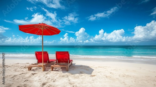 Two red beach chairs and an umbrella on a beautiful white sand beach in front of the ocean on sunny day