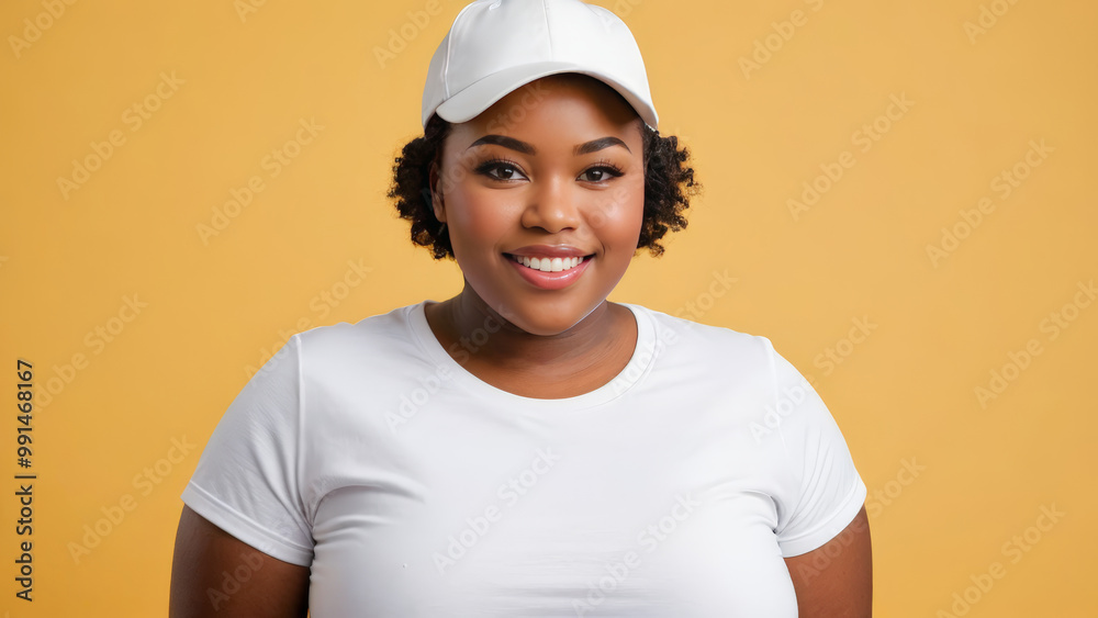 Plus size young black woman with short hair wearing white t-shirt and white baseball cap isolated on yellow background Plus size young black woman with short hair wearing white t-shirt and white baseball cap isolated on yellow background