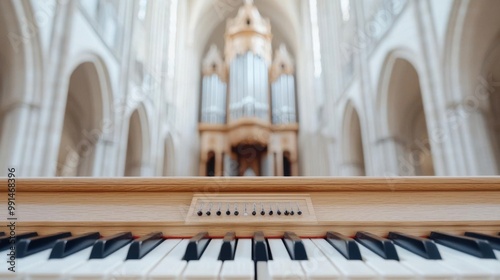 Piano keys in a beautiful church interior, showcasing architectural elegance.