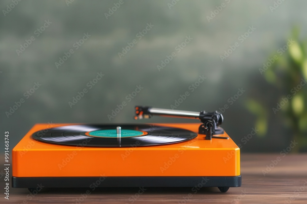 Stylish orange turntable with vinyl record on wooden table, blurred green background. Stylish orange turntable with vinyl record on wooden table, blurred green background.