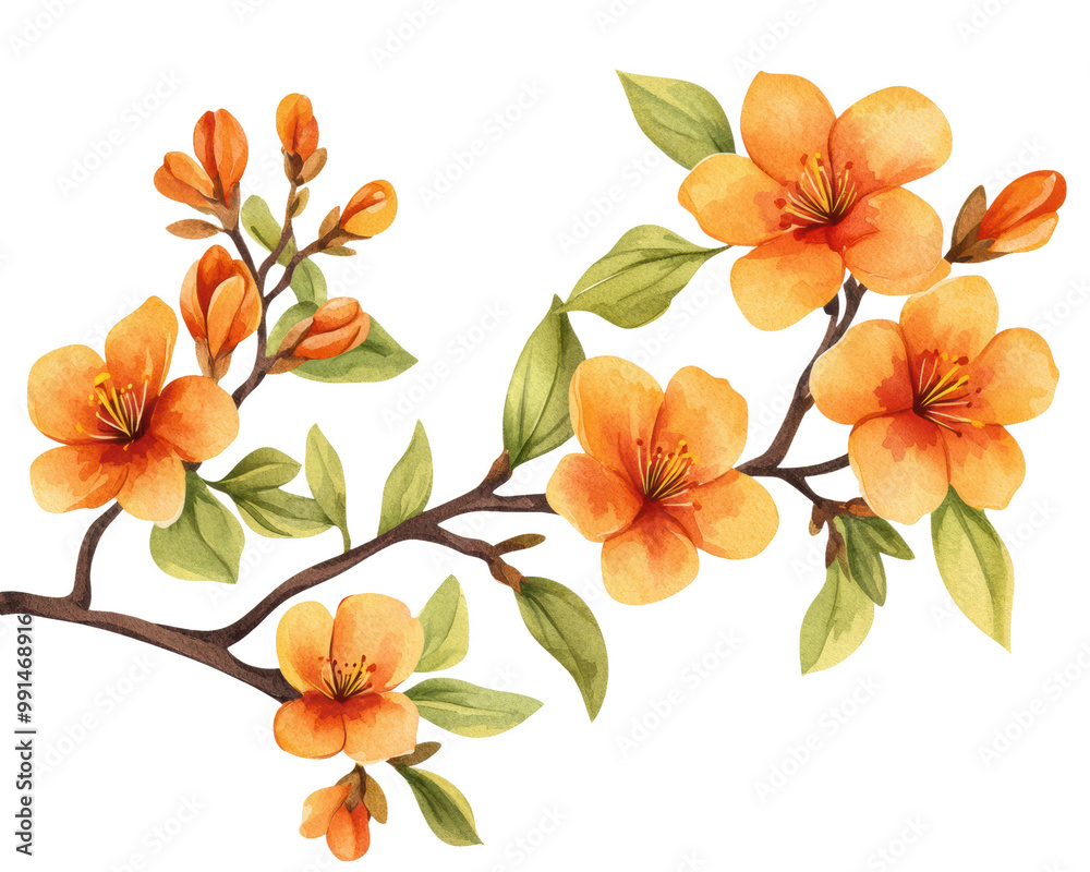 Obraz premium Delicate orange blossom branch with green leaves, isolated on transparent background