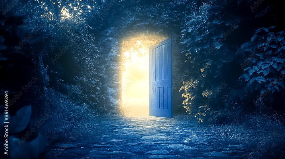 Open door leading to a bright, new world, symbolizing a fresh start Open door leading to a bright, new world, symbolizing a fresh start