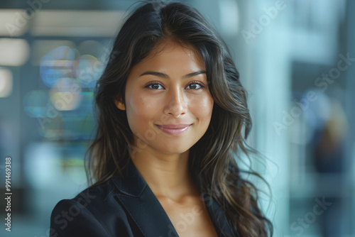 Close-up a young South Asian woman in black suit smiles warmly, happy at work.