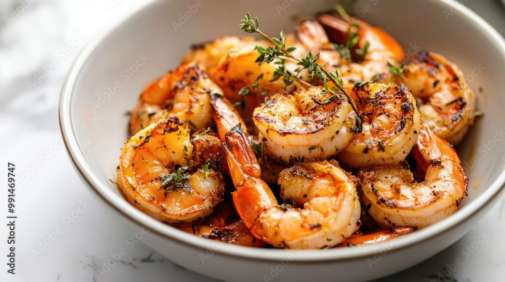 Close-up of a bowl of grilled shrimp with a tangy sauce and a few sprigs of fresh herbs, displayed on a white marble surface. Close-up of a bowl of grilled shrimp with a tangy sauce and a few sprigs of fresh herbs, displayed on a white marble surface.