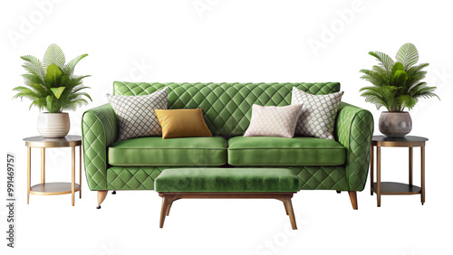 Next to the stylish green sofa set, two tables with potted plants create a balanced and inviting atmosphere. The layout features cozy decorative pillows against a transparent background.AI generated.