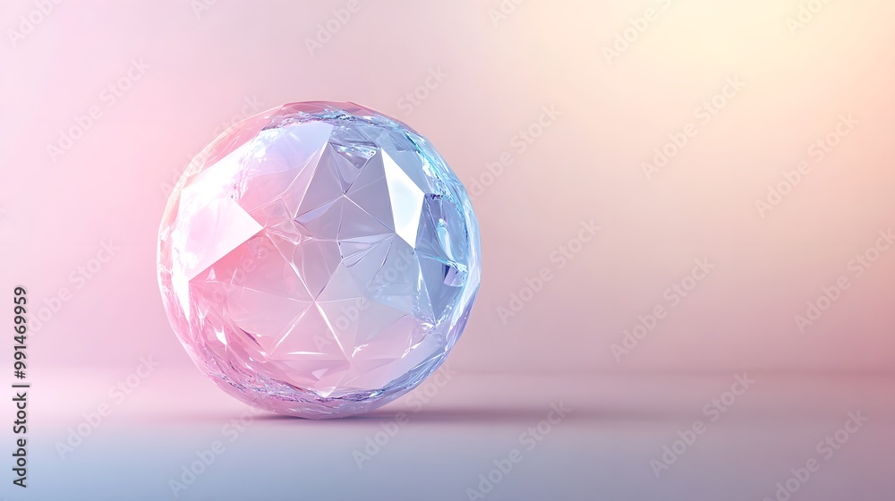 A single, faceted, translucent sphere on a gradient pink background. A single, faceted, translucent sphere on a gradient pink background.
