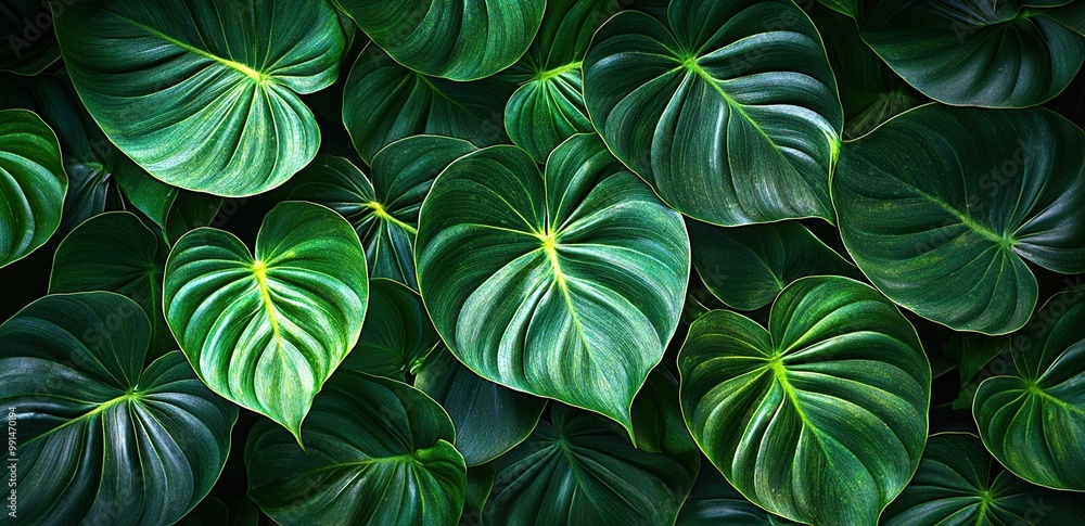 A close-up of lush, green leaves with intricate veins.