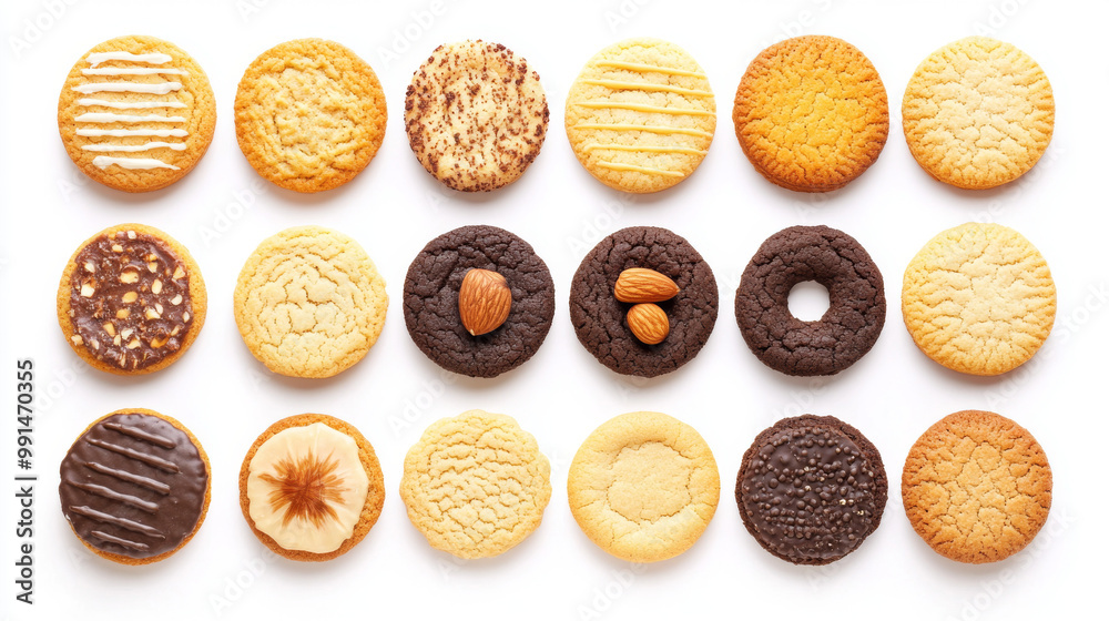 A collection of round cookies, including classic and nut varieties, are arranged on a white background. The cookies come in various designs, perfect for creating artwork mockups.