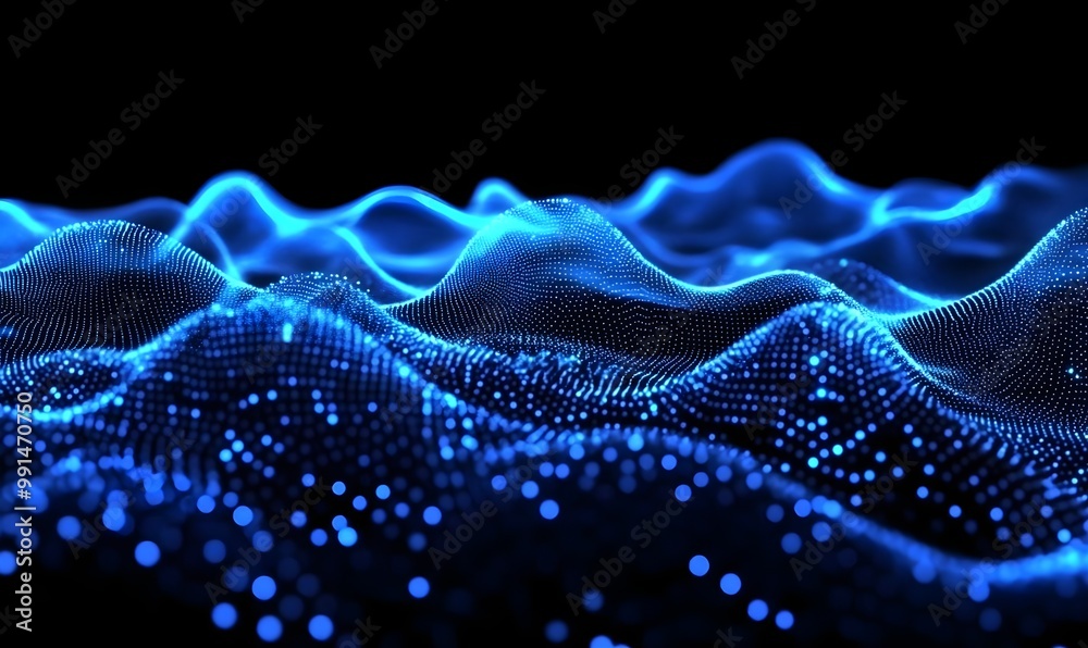 Glowing Blue Particles Wave on Black Background Glowing Blue Particles Wave on Black Background