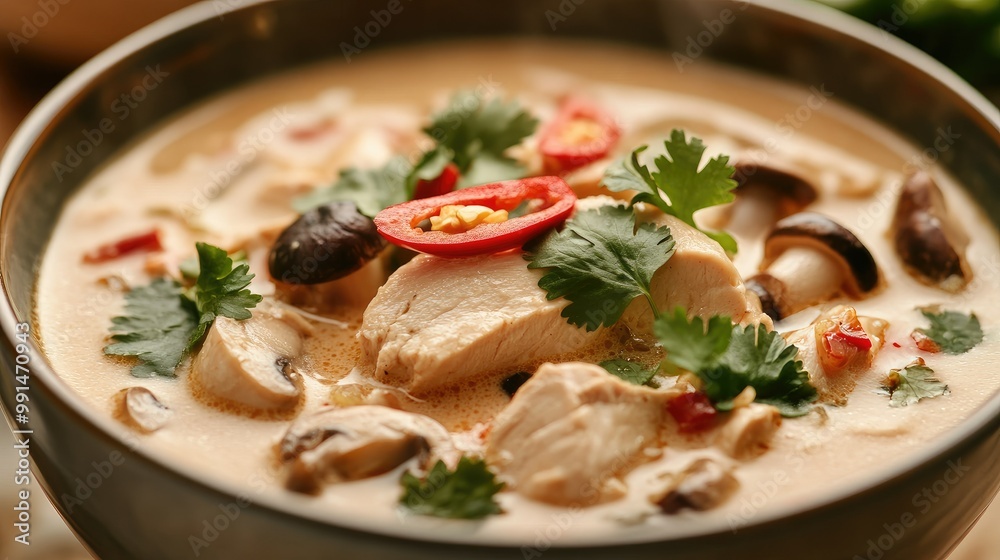 Close-up of a bowl of Tom Kha Gai soup with tender chicken, mushrooms, and a rich coconut broth, garnished with cilantro and chili slices. Close-up of a bowl of Tom Kha Gai soup with tender chicken, mushrooms, and a rich coconut broth, garnished with cilantro and chili slices.