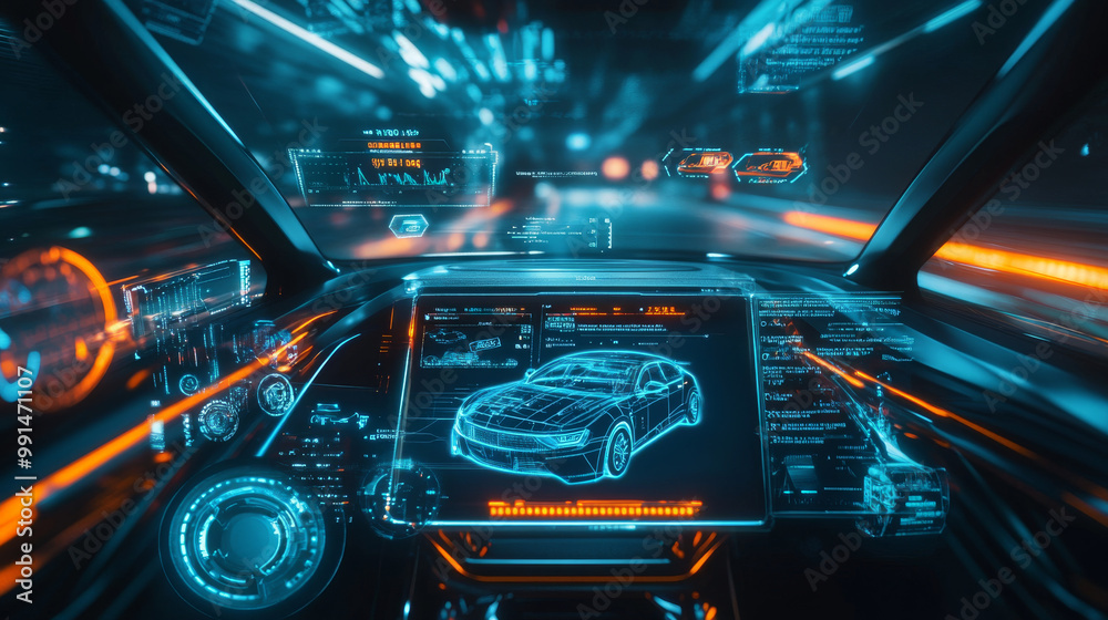 A futuristic car service uses a holographic display to show data. It scans the car and analyzes information, all shown through a virtual interface. A futuristic car service uses a holographic display to show data. It scans the car and analyzes information, all shown through a virtual interface.