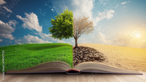 A book is open, showing two different worlds. On one side, a lush green field with a healthy tree. On the other, a dry desert with a dead tree. This shows how change can happen, transforming things. photo