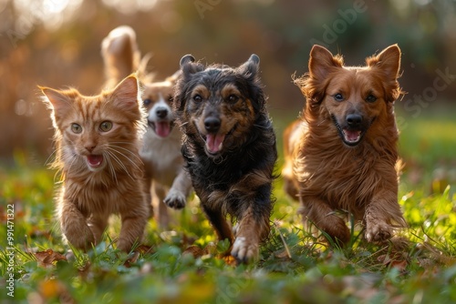 A dog and a cat running together down a path, their playful expressions capturing a moment of joy and companionship in an outdoor setting with dynamic energy of the scene.